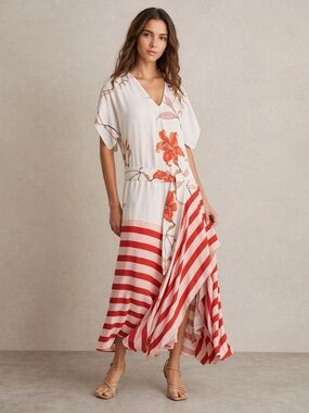 Reiss Ivory Dress with Red-Orange Floral Detail size UK 4/ US 0